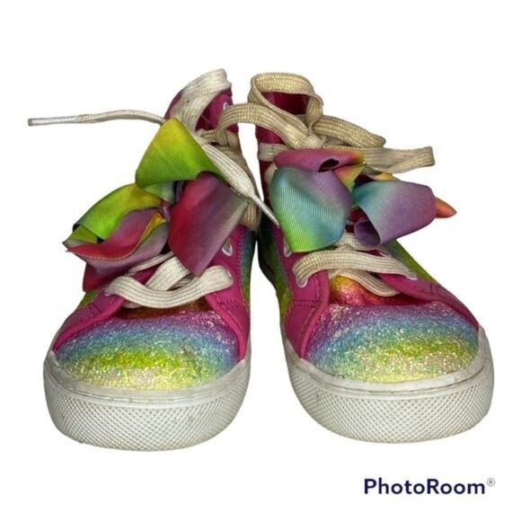 Jojo Siwa Pink Rainbow Glitter Hi Top Sneakers 3 Girls - Picture 2 of 8